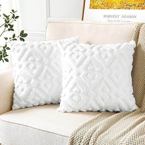 Artscope 2er Set Wolle Kissenbezüge Weicher Plüsch Kurzer Wollsamt Dekokissenbezuge Luxuriöses Sofakissen Europäische Kissenhülle für Sofa Schlafzimmer Geometrische Raute Weiß, 50x50cm