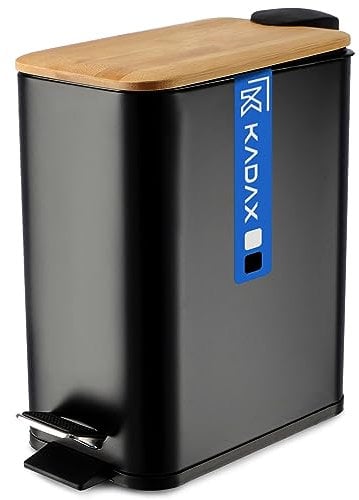 KADAX Cubo de basura de acero con recubrimiento en polvo, con contenedor interior, pedal, descenso automático y tapa de bambú (5 l, negro, rectangular)