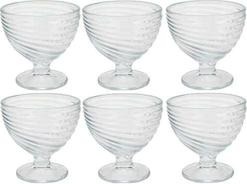 Cheerful Bargains Set of 6 Large Glass Ice Cream Bowls, 10cm - Clear Swirl Pattern Sundae Dishes - Suitable for Ice Cream, Fruit Salad, Sauces - Dishwasher, Freezer, Microwave Safe