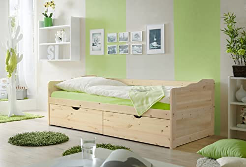 TiCAA Einzelbett Sofabett Funktionsbett, Melanie mit Schubkasten für Schlafzimmer, Kinderzimmer Kiefer Massivholz Bettgestell 90 x 200 cm