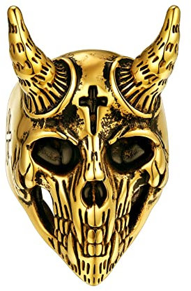 PROSTEEL Gotik Ziege Horn Totenkopf Ring für Männer 18k vergoldet Herren Punk Stil Ring mit Satan Ziegenschädel Größe 64 Biker Motorradfahrer Fingerring Modeschmuck Accessoire