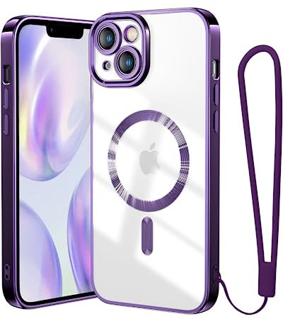 Meifigno Candy Mag Series - Custodia per iPhone 14 Plus, compatibile con MagSafe, protezione completa dell'obiettivo della fotocamera, cordino da polso; retro trasparente in morbido TPU,viola