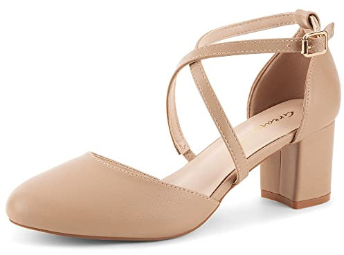 Greatonu Womens Court Shoes Mid Heel Chunky Dress Sandals Ladies Ankle Strap Wedding Party Pumps Nude Size 5