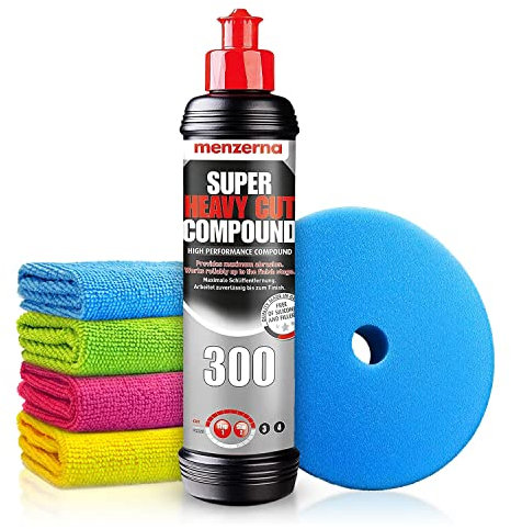 Autopolitur Set: Menzerna Super Heavy Cut Compound 300 Schleifpolitur (250ml) - Politur für starke Defektkorrekturen am Autolack - Für Exzenter oder Rotation - Auto polieren | 6-teilig
