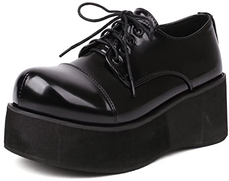 Bviennic Damen Schnüren Leisure Runde Zehen Plateau Schuhe Sommer Mode Oxford Damen Schule Schuhe Keilabsatz Pumps Lack Schwarz Gr 46 Eu-48Cn