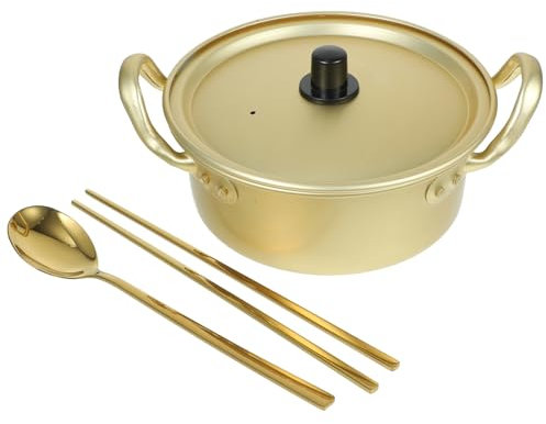 Operitacx Korean Ramen Pot with Dual Handles: Lightweight Aluminum Noodle Cooking Pot - 7.08x6.29x2.75 Inches, Includes Golden Spoon and Chopsticks - Ideal for Camping, Picnics, and Backyard Parties