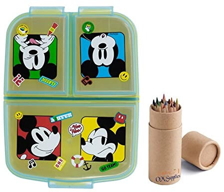 OM SUPPLIES Mickey Reusable Sandwich Lunch Box 3 Multi Compartment Kids Children School Includes Half Size 12pcs Pencil Set (Mickey)