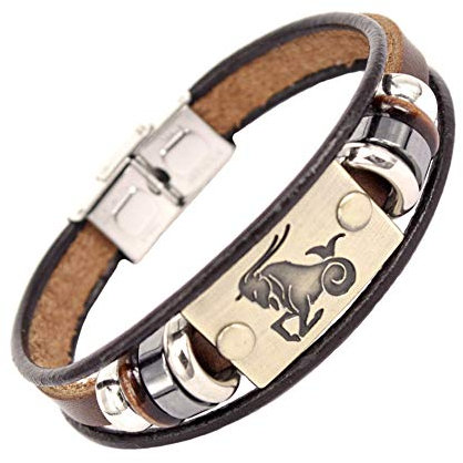 LODMLOER 12 Sternzeichen-Lederarmband Für Männer, Mehrlagiges Vintage-Lederarmband Mit Eingraviertem Sternzeichen-Namensschild, Horoskop-Armband, Schmuckgeschenk, Steinbock