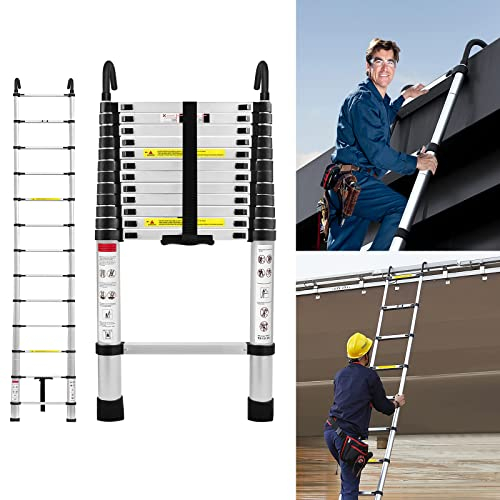 YRHome 3,8M Teleskopleiter mit Abnehmbarem Haken Aluminium Telescopic Aluleiter Mehrzweckleiter Ausziehbar rutschfeste Stehleiter Verriegelungsmechanismus Tragbare Ausziehleiter 150kg Belastbarkeit