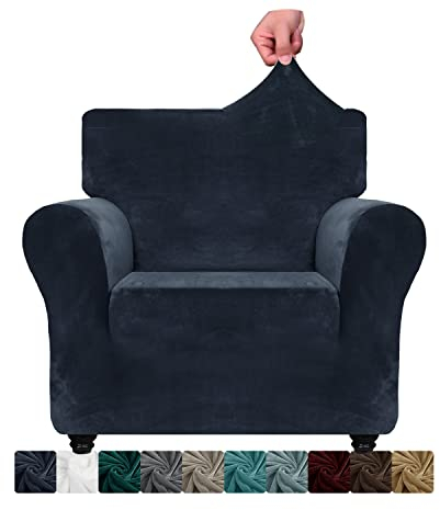 XINEAGE Samt Sofaüberzug 1 Sitzer,Stretch Sofa überzug für Wohnzimmer, Dicke Weiche Sofaüberwurf, Rutschfester Sofa Cover für Hunde, Haustiere (1 Sitzer, Dunkelblau)