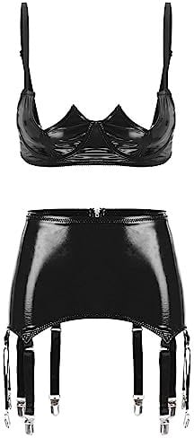 CHICTRY Woman's 2 Piece 1/4 Cup Balconette Shelf Bra Mini Skirt Garter Belt Set Lingerie Set 3# Black S