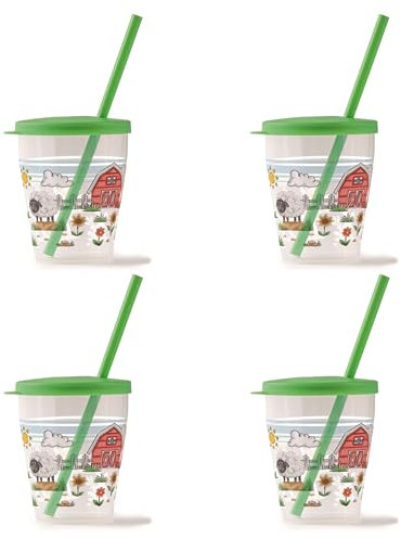 Snips, Set mit 4 Gläsern mit Strohhalm, 0,385 Liter, Wiederverwendbare Gläser für Kinder, Dekor Farm, Hergestellt in Italien, 0% BPA