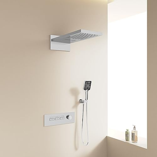 Ducha De Baño Completa De Cobre Oculta Incrustada En El Juego De Ducha Termostática De Pared, Temperatura Constante [Plata]
