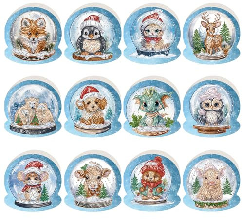 KJMYYXGS 12Pcs Christmas Diamond Painting Art Greeting Cards Animal Diamond Painting Art Cards Round Drill Greeting Cards Diamond Painting Kits for Adults Kids Gift DIY Holiday Craft