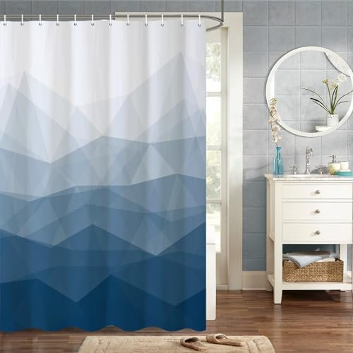 MIRRORANG 140x180cm Tissu Bleu Rideau De Douche Ombre Marine Géométrique Montagne Rideau De Douche pour Salle De Bain Tissu Polyester Imperméable Ensemble avec Crochets