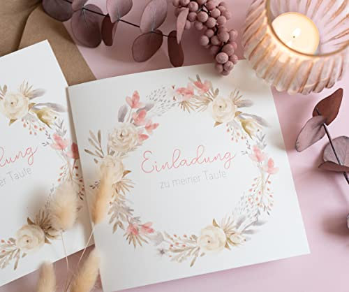 Einladungskarte Trockenblumen - zur Konfirmation, Kommunion für Mädchen oder Junge - quadratische Klappkarten inkl. Umschlag (15 Stück Taufe Karten)