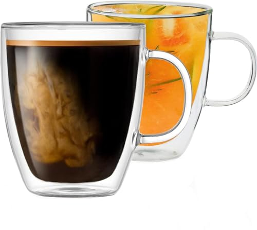 CMXING Double Walled Glass Coffee Mugs 350ml, Clear Insulated Glass Coffee Mugs with Handles, Hand Blown, Heat Resistant, Large Glass Cups Set of 2