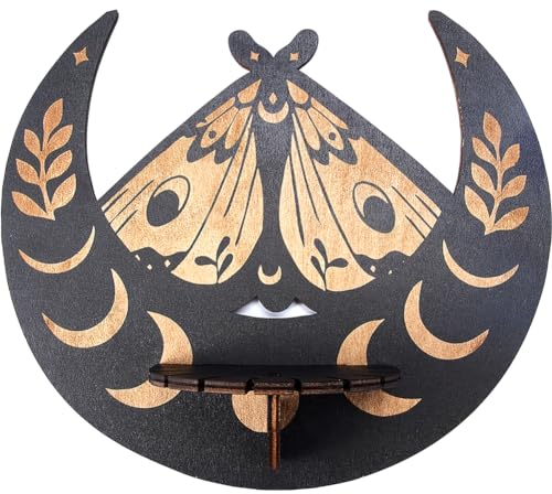CREATCABIN Kristallregal-Display,Schwebende Holzregale,Altar,Gotische Wanddekoration,Rustikaler Mondphasen-Mottenhalter,Regal Aufhängen,Hexenkram Für Kristalle,Steine,Spirituelles Geschenk,25x22cm