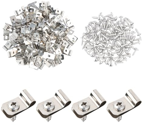 100 Stück Zaun Clips aus Edelstahl, R Type Drahtklemme mit 150 Stück Schrauben, Landwirtschaftliche Fechten Befestigungsclips, Edelstahl Zaunklammern für Holz, Metall oder Vinyl-Zaun (Silbrig)