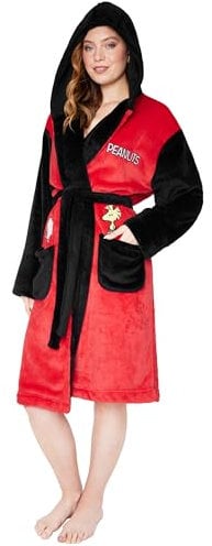 Peanuts Snoopy Damen Fleece Bademantel mit Kapuze, Kuscheliger Morgenmantel - Geschenkidee für Frauen (Rot/Schwarz, XL)