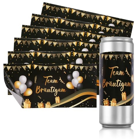 DKINY 16 Stück JGA Aufkleber für Prosecco Dosen Hochzeit Team Bräutigam Aufkleber Schwarz Gold Flaschen Getränkedosen Sticker Selbstklebend Aufkleber Banderole für JGA Accessories und Hochzeit Deko