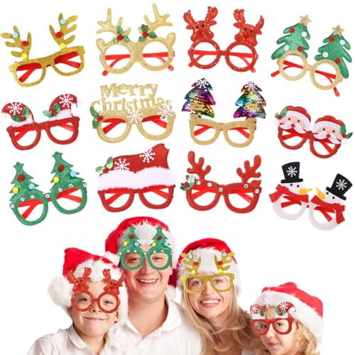 Itoyx Weihnachtsbrillen,12 Stück Partybrillen Set fotobox weihnachtsassesoires weihnachten brille weihnachtsmützen weihnachtsverkleidungen Kinder Partybrillen Lustige Brille für Partydekoration (002)
