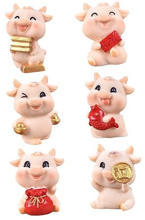 ABOOFAN 6pcs Cow Micro Landscape Ornament Figurine Cow Cake Figure Chinese Traditional Decor Cartoon Adornment Bonsai Ornament Cow Cupcake Topper Lucky Cow Figure Mini Dash Toys Resin
