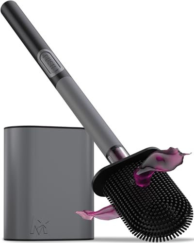MooStar 1-Pack Silicon Toilet Brush with Holder - Stainless Steel Wall-Mounted & Free-Standing Toilet Brushes and Holders with Quick-Drying Flexible Flat Brush Head & Soap Dispenser for Bathroom-Grey