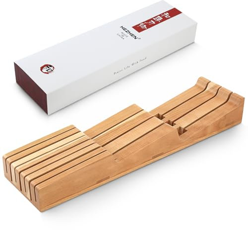 HEZHEN Cassetto Portacoltelli in Legno di Ciliegio, in-Cassetto Blocco di Coltelli da Cucina in Legno Cassetto Organizzatore, Spazio per la Custodia di 7 Coltelli