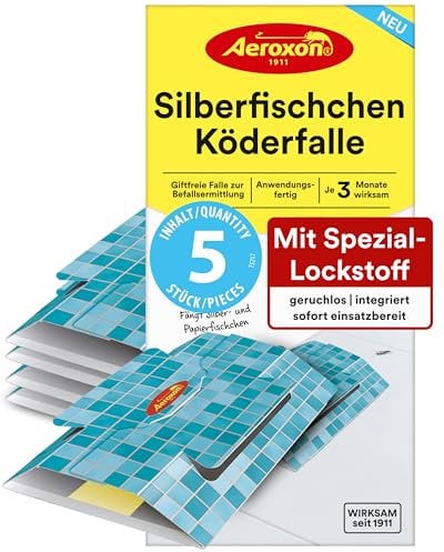 Aeroxon Silberfischfalle 5X – Hochwirksame Klebefallen für Silberfische, Insektizidfreie Papierfisch-Falle, Langanhaltender Schutz