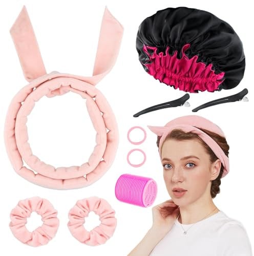 9 PCS Heatless Curlers Headband Set, Soft Velour Heatless Curls, Overnight Heatless Hair Curling, Hair Curlers No Heat for Short & Long Hair (Pink, 9Pcs)