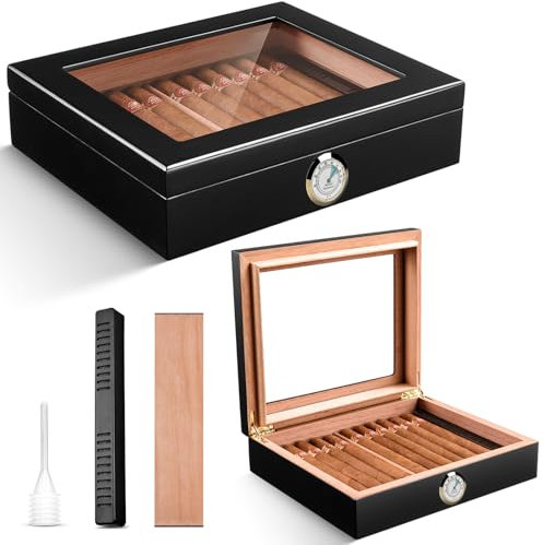 CIGARLOONG Zigarren Humidor Spanische Zeder Desktop Box mit Luftbefeuchter und Hygrometer Halten bis zu 25 Zigarren (Schwarz)
