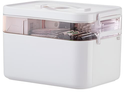 2-Layer Multi-Grid Lockable Medicine Storage Box - Large Portable First Aid Organizer for Home, School, Office, Outdoor (M)