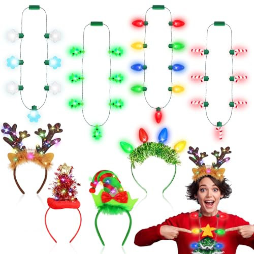 8 Stück Haarreif Weihnachten LED und Lichterkette Halskette Set,Lichterkette Zum Umhängen LED Halskette Weihnachtshaarreifen Weihnachts accessoires für Weihnachtsfeier Geschenke