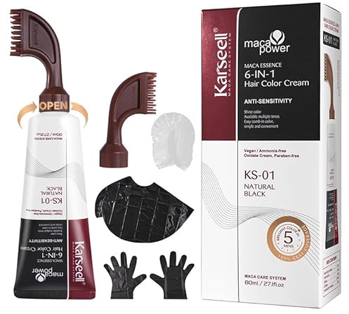 Karseell Hair Dye, Black Hair Dye with Comb Applicator, Maca essence 6-IN-1 Ammonia Free No Mix Hair Color for 100 Percent Gray Coverage Hair Dye, 80ml-Black