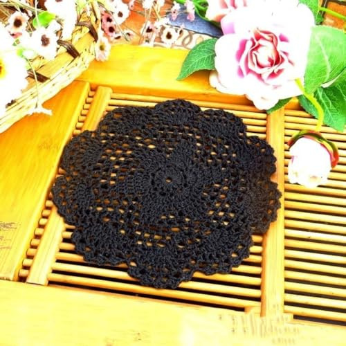 Blausky 6 Stück Runde Bestickte Tischmatte,Häkeldeckchen,Spitzendeckchen Tischset Kleine Häkeln Tischläufer Baumwolle Untersetzer,Tischdecken für Tassen Schalen Teller Vasen Antike,20 cm,Schwarz