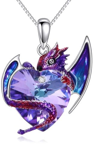 AINFQY Drachen Kette Sterling Silber Lila Wyvern Halskette Drachen Anhänger Herz Kristall Schmuck Geschenk für Damen Herren (02-Februar)