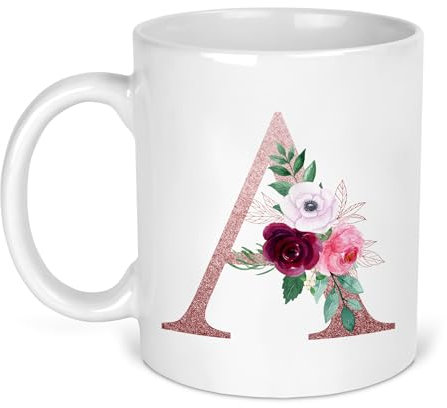 Personalised Floral Mug – Stylish Initial & Name Custom Gift for Women, Mum, Friends or Girls – Valentine’s, Birthday, Mother’s Day, Christmas Present (Initial, Rose Gold)
