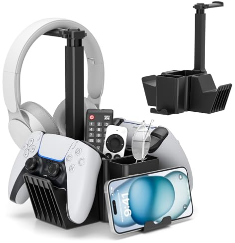 KDD Support pour double manette avec support pour casque – Boîte de rangement de bureau multifonction avec support de téléphone – Support de manette universel avec organisateur de bureau pour