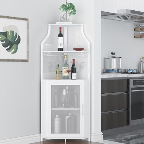 dainslef Eck-Weinbarregal Schrank mit abnehmbarem Weinregal, Barschrank mit Glashalter, kleinem Sideboard und Buffetschrank mit Netztür (Weiß)