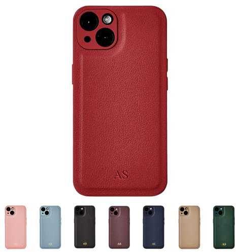 Tirita Personalised Leather Phone Case for iPhone 11 – Leather Red Case or Cover With Custom Initials – Cute Personalised Gift for Men or Women [08. Red Embossed (No Gold) Initials]