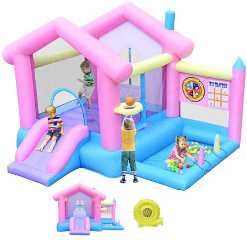 DIYJOTOFUN Hüpfburg groß mit rutsche und basketballkorb, hüpfburg Kinder 3-10 Jahre, hüpfburg mit gebläse, Indoor und Outdoor