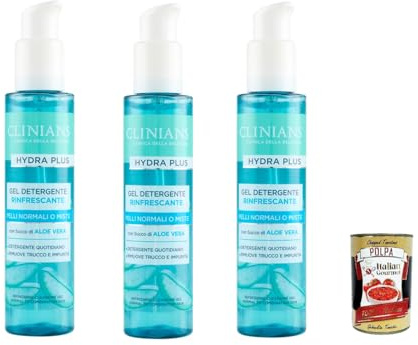 Clinians Gel Detergente RINFRESCANTE Hydra Plus, Per Pelli Normali o Miste, ERFRISCHEND Reinigungsgel Gesicht 150ml, 3x 150ml + Italian Gourmet polpa 400gr