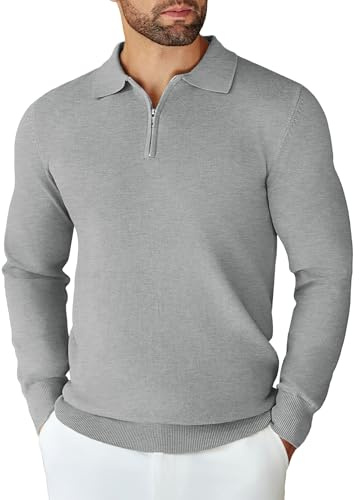 COOFANDY Men's Polo Jumper Knitted Half Zip Sweater Long Sleeve Poloshirt Winter Basic Regular Fit Work Sweatshirt Light Gray S