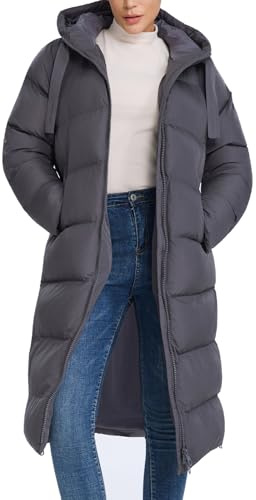 HOTIAN Manteau d'hiver chaud pour femme - Longue parka matelassée - Fermeture éclair - Manteau en duvet - Veste d'extérieur - Manteau d'hiver avec capuche, gris, M