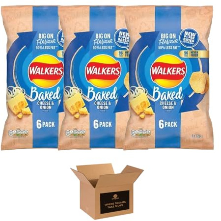 Walkers Crisps Variety Multipack | Assorted Flavours – Classic British Snack Box for Sharing, Lunchbox & Traveling – Family Party Pack Flavored Crispy Snacks (Pack 3, 6xBaked CHeese And Onion 22g)