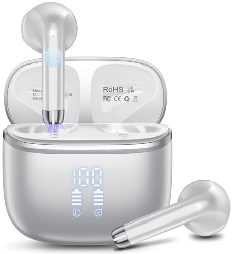 HOIFA Wireless Earbuds, Bluetooth 5.4 Headphones with 4 ENC Noise Cancelling Mic, 50H Playtime, HiFi Stereo Deep Bass, IP7 Waterproof Bluetooth Earphones,Bluetooth Earbuds Dual LED Display,Silver