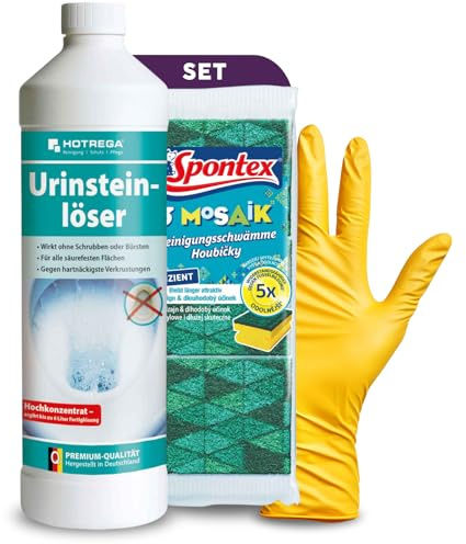 HOTREGA Urinsteinlöser Konzentrat 1L | Extra starker WC-Entkalker & | Beseitigt Kalk, Rostflecken sowie Seifenstein | Inklusive Handschuhe + Schwamm | Wirkt selbsttätig in 5-10 Minuten