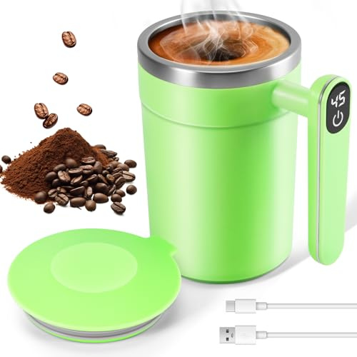 ZONJIE Selbstrührender Kaffeebecher 400 ml, Edelstahl-Kaffeebecher mit USB-Ladefunktion, Henkel und Temperaturanzeige, automatischer Selbstrührbecher für Kaffee, Milch und heiße Schokolade