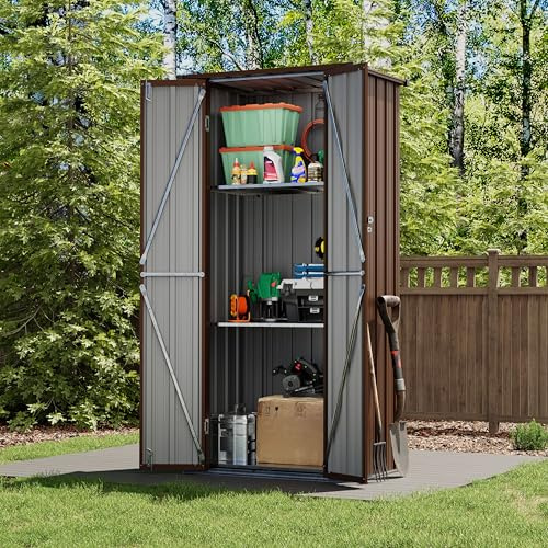UDPATIO Gartenschrank wetterfest Outdoor mit 3 verstellbaren Regalen, 78x52x171.5cm Geräteschuppen Metall, Gartenhaus Für Garten, Terrasse, Garage, Braun